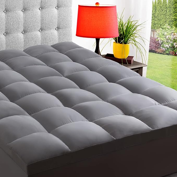 ELEMUSE Queen Grey Mattress Topper for Back Pain, Extra Thick Mattress Pad Cover, Plush Soft Pillowtop with Elastic Deep Pocket, Overfilled Down Alternative Filling