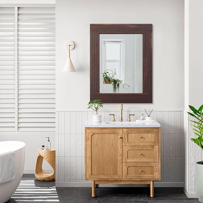 Wood Wall Mirror Rectangular Framed Rustic Vintage Mirrors Decor Farmhouse Bedroom Bathroom Mirror for Dressing Table Entrance Large 26"x18" Brown