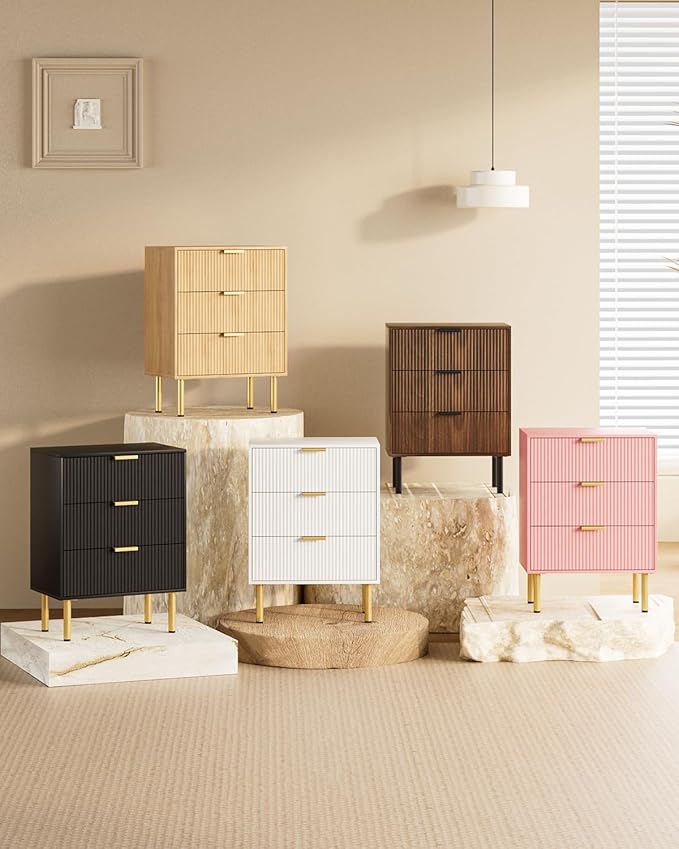 Night Stand,Tall Bedside Table with 3Storage Drawers,Pink nightstand,Bedside Furniture,Side Table with Gold Frame,Drawer Dresser for Bedroom,Living Room (Modern-3drawers, Pink)