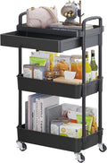 Calmootey 3-Tier Rolling Utility Cart with Drawer,Multifunctional Storage Organizer with Plastic Shelf & Metal Wheels,Storage Cart for Kitchen,Bathroom,Living Room,Office,Black