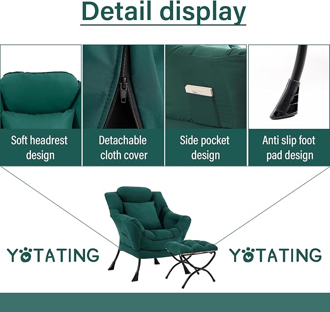Lazy Chair with Ottoman, Comfy Reading Chair with Footstool & Pillow Modern Lounge Chairs with Armrests & Side Pocket for Living Room, Bedroom, Dorm Room，Dark Green