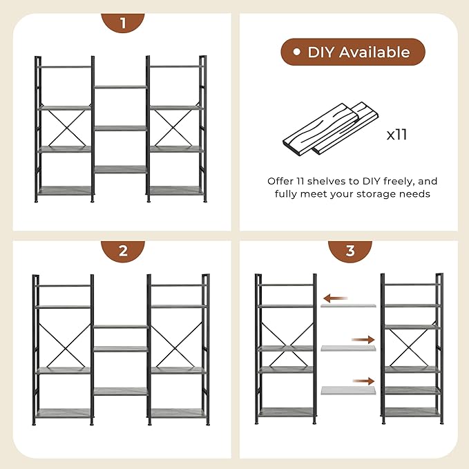 SUPERJARE Triple 4 Tier Bookshelf, Bookcase with 11 Open Display Shelves, Wide Book Shelf Book Case for Home & Office, Grey