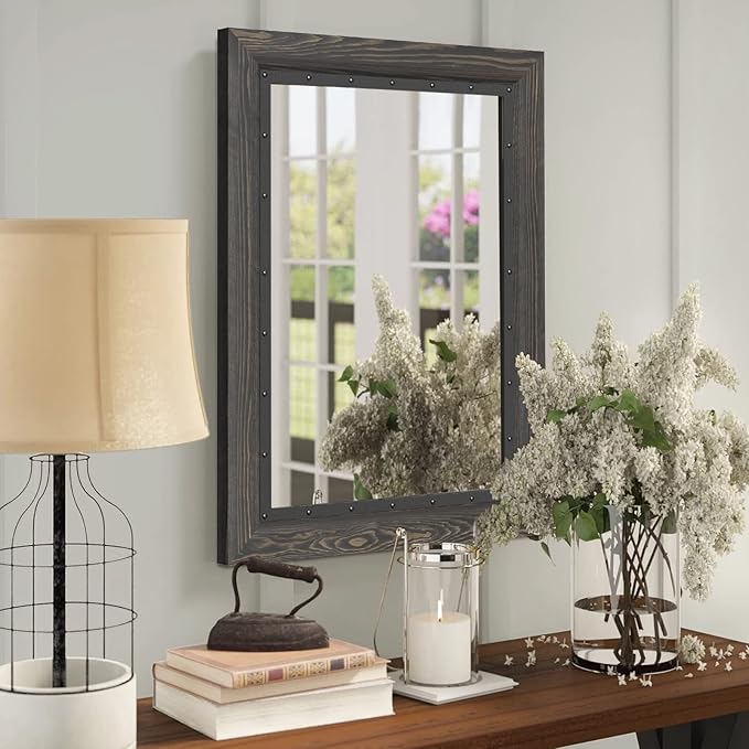 YOSHOOT Rustic Wooden Framed Wall Mirror, 30"x20", Natural Wood and Iron Bathroom Vanity Mirror for Farmhouse Decor, Vertical or Horizontal Hanging