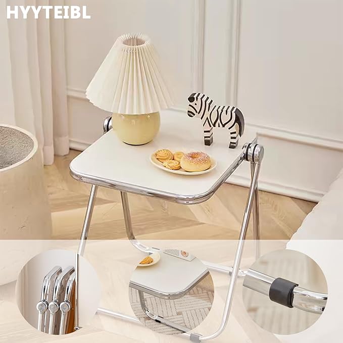 16.2" × 14.1" Acrylic Folding Table, Small Lightweight End Table for Living Room, Bedroom and Small Room, Sturdy Metal Frame with No Assembly Required, Space-Saving Storage Design (White)