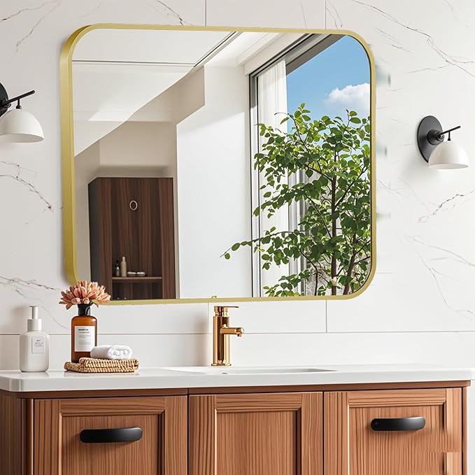 16x24 Inch Gold Mirror, Framed Rectangle Mirror with Rounded Corner, Brushed Brass Mirror, Gold Bathroom Mirror for Over Sink, Vanity, Living Room, Bedroom, Horizontal/Vertical