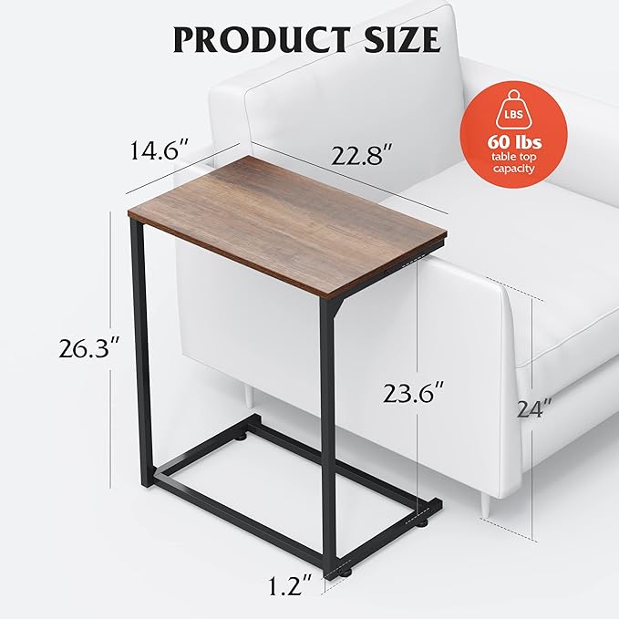 WLIVE Wide Snack Side Table, C Shaped End Table for Sofa Couch and Bed, Laptop Table, Work from Home, 26 Inch Tall, Light Brown