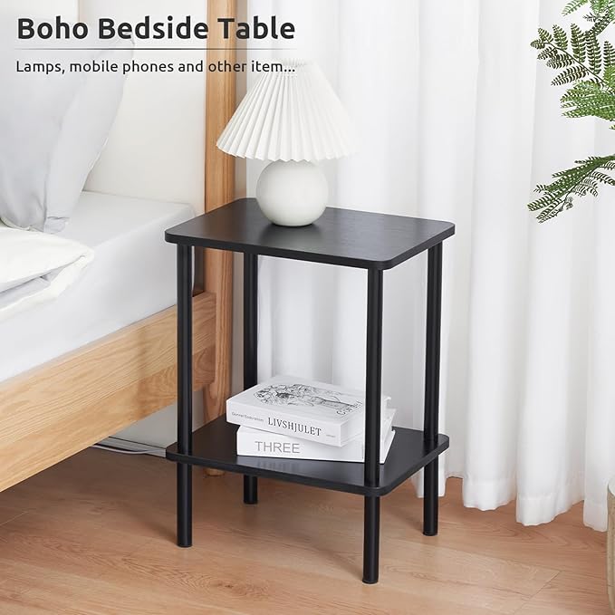 Apicizon 2 Tier End Table, Small Side Table with Solid Wood Legs, Boho Bedside Table with Storage Shelf, Nightstand for Small Spaces, Bedroom, Living Room, Entryway, Farmhouse, Easy Assembly, Black