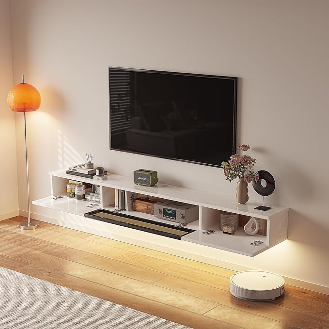 High Gloss Floating TV Stand,94'' Wall Mounted TV Console,Under TV Floating Shelf,Floating TV Cabinet with 3 Doors for Bedroom Living Room,White