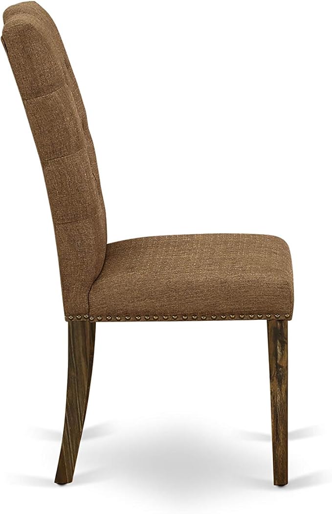 East West Furniture F3EL5-718 5 Piece Modern Dining Table Set Includes a Round Wooden Table with Pedestal and 4 Brown Linen Linen Fabric Parsons Dining Chairs, 48x48 Inch, Distressed Jacobean