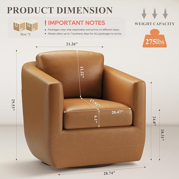 COLAMY 360° Swivel Accent Chair Set of 2 with Pillow - Comfy Living Room Armchair No-Sag Foam & Sturdy Metal Base, Fully Assembled Swivel Accent Single Sofa for Bedroom Living Room, Office, Brown