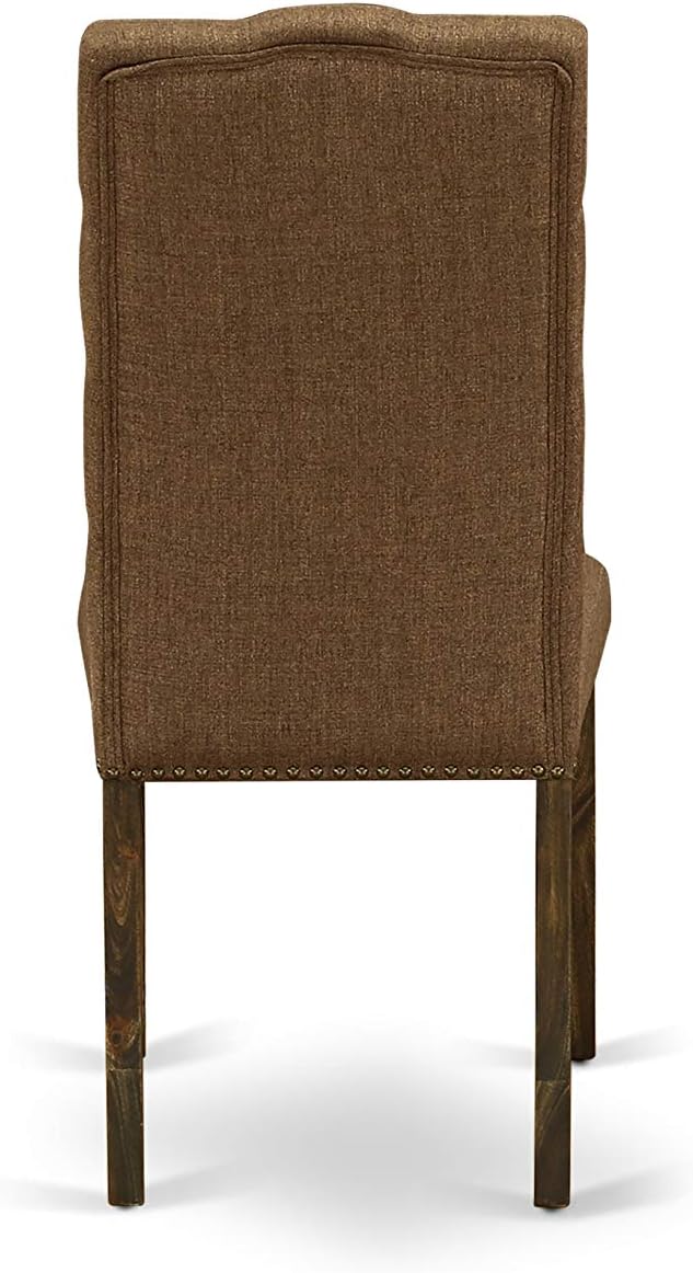 East West Furniture F2EL5-718 5 Piece Kitchen Table & Chairs Set Includes a Round Dining Table with Pedestal and 4 Brown Linen Linen Fabric Parson Chairs, 48x48 Inch, Distressed Jacobean