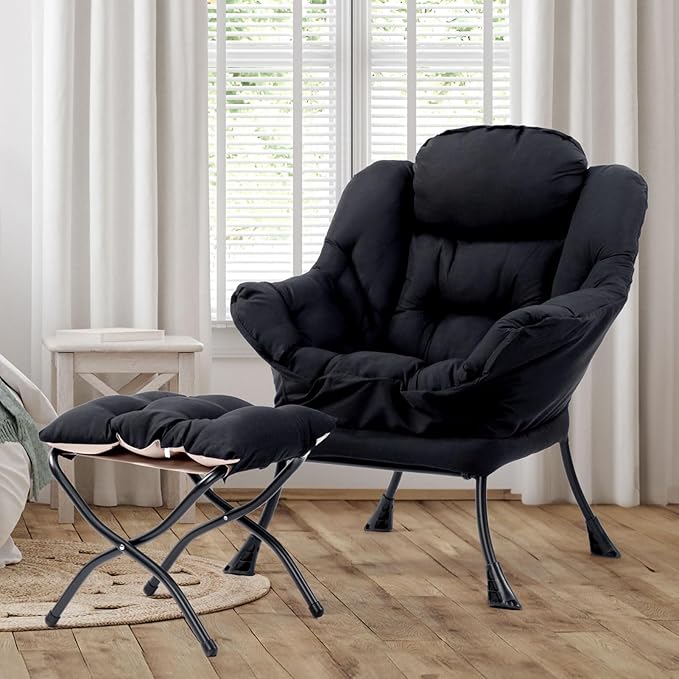 HollyHOME Fabric Lazy Chair with Foldable Ottoman, Accent Comfy Lounge Arm Chair and Folding Footrest Stool Set, Leisure Sofa Reading Chair and Footstool for Living Room, Bedroom, Dorm, Matte Black