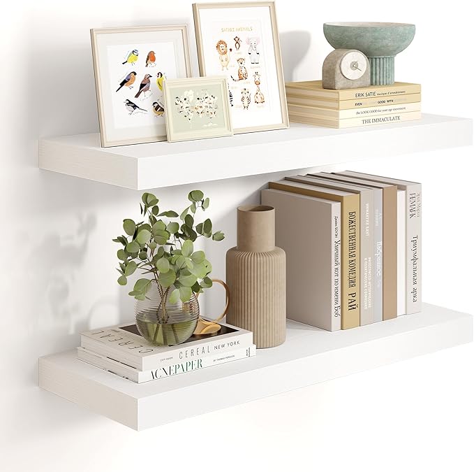 Heimlove 24 inch Floating Shelves for Wall,9.3 inch deep White Wood Shelves with Invisible Brackets,Wall Mounted Storage & Display Shelves for Bedroom,Living Room,Set of 2