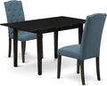 East West Furniture NOCE3-BLK-21 3 Piece Dining Table Set Contains a Rectangle Dining Room Table with Butterfly Leaf and 2 Mineral Blue Linen Fabric Parsons Chairs, 32x54 Inch, Black