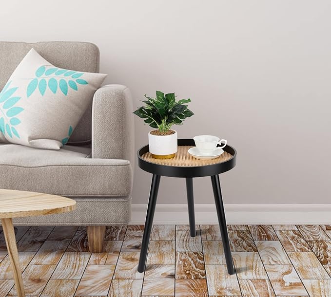Rattan Round Side Table, Black Small End Table, Accent Table, Modern Boho Bedside Table, Mid-Century Patio Side Table, End Tables for Living Room Bedroom Office Balcony