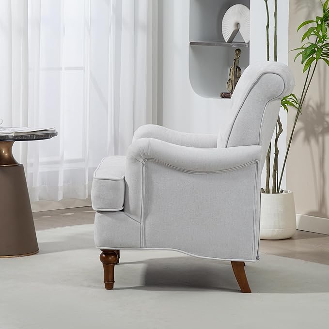 Ball & Cast Comfy Chenille Club Sofa Living Room Chairs,Accent Chair with Springs Cushions & Retro Wooden Legs,Reading Armchair for Bedroom,Office,Oatmeal