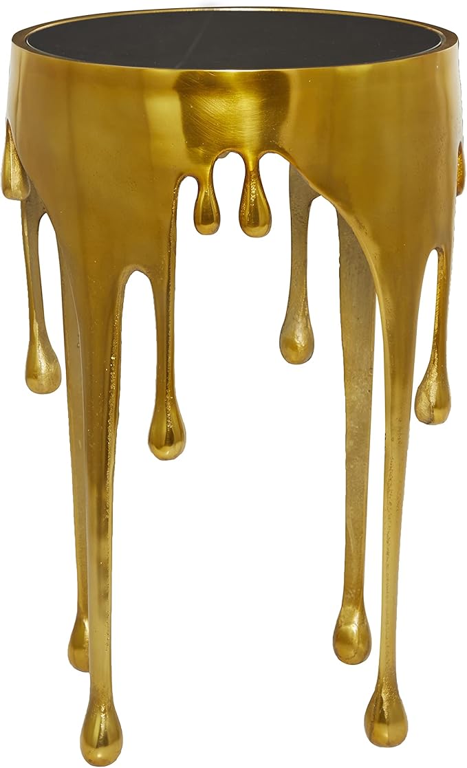Deco 79 Aluminum Metal Abstract Melting Drip Accent Table with Melting Design and Shaded Glass Top, 16' x 16' x 25', Gold