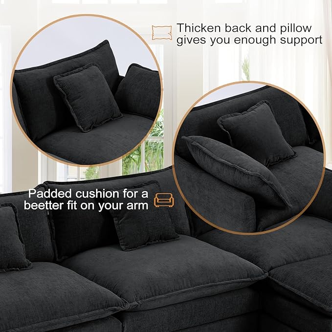 Furniliving 112‘’ L-Shaped Sofa, Luxury Chenille Modular Sectional Couches with Ottoman, Upholstered Deep Seat Sleeper Sofa with Memory Foam and Waist Pillows, Black