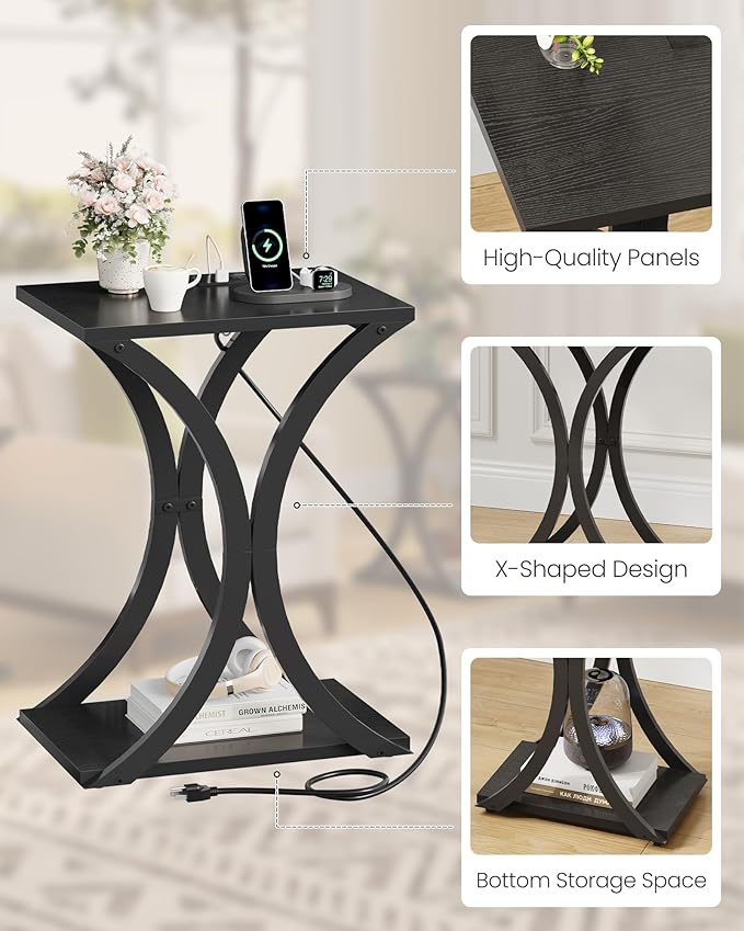 End Table with Charging Station, 2-Tier Modern Side Table, Nightstand with Storage Shelf, for Small Spaces, for Bedroom, Living Room, Home Office, Black TBZ20UBB