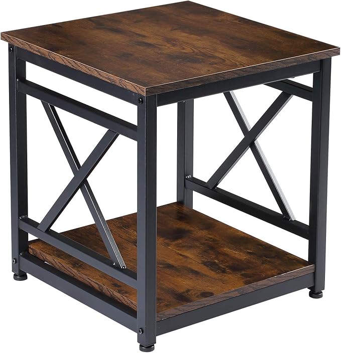 Industrial End Table Side Table with 2-Tier Storage Shelf, 18'' Square Nightstand Bedside Table X-Design Metal Frame for Living Room Bedroom, Rustic Brown