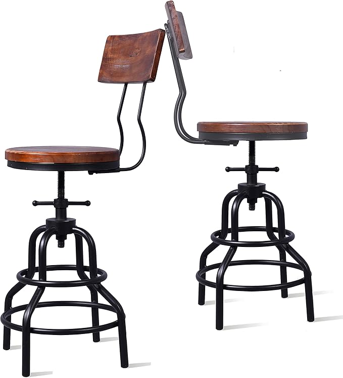 Diwhy Industrial Vintage Counter Stool, Kitchen Counter Height Adjustable Swivel Chair, Metal Frame Stool, with Wood Backrest, 20.47-26.77 Inch, Fully Welded Base, Set of 2