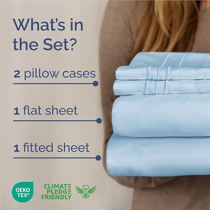 Full Size 4 Piece Sheet Set - Comfy Breathable & Cooling Bed Sheets Set - Hotel Luxury Bedding for Women, Men, Kids, Teens, Boys & Girls - Deep Pockets, Soft and Wrinkle Free - Oeko-Tex - Light Blue