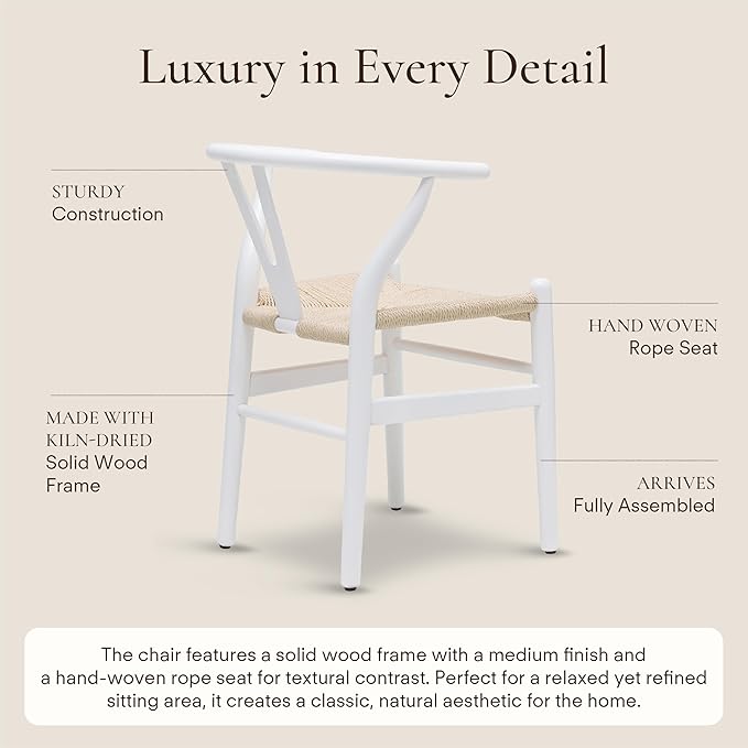 POLY & BARK Weave Dining Chairs – Mid-Century Modern Wishbone Dining Chairs with Arms, Solid Wood Frame, Indoor Use – White – Set of 2 - Ideal for Dining Room, Kitchen or Stylish Accent Setting