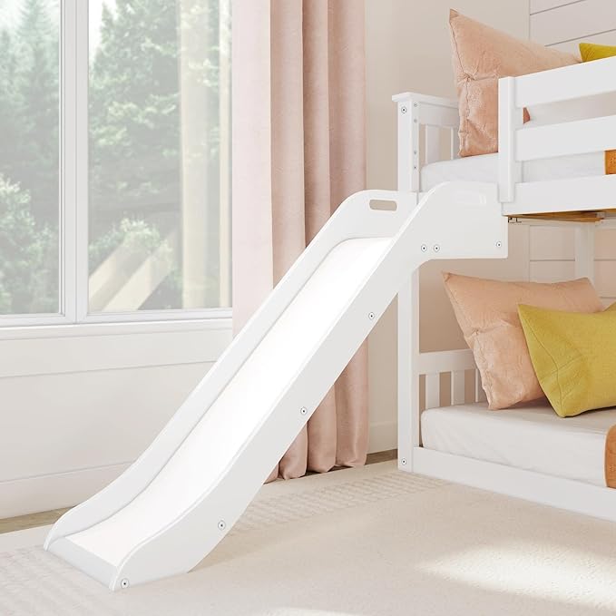 Max & Lily Solid Wood Twin Over Twin Size Low Bunk Beds for Kids with Slide and Ladder, 400 lbs Weight Capacity, 14" Safety Guardrail, Anti-Slip Steps, White