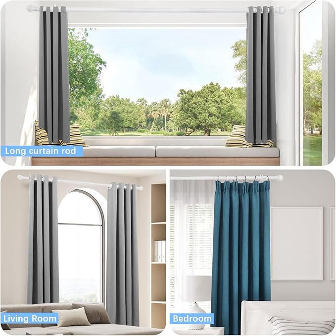 Curtain Rods for Windows 16 to 48 Inches, Curtain Rod Max Adjustable Length of 60 IN, 1" Diameter Drapery Rods Round Finials, White, Pack of 2