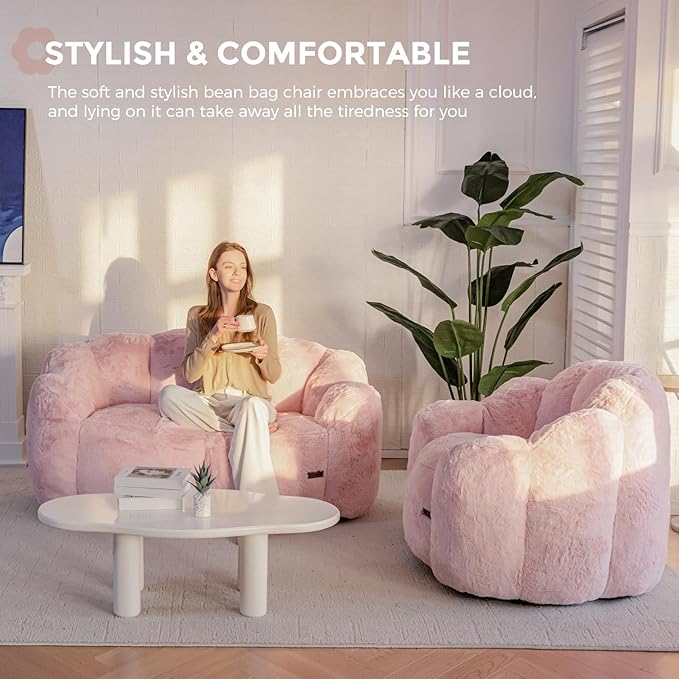 MAXYOYO Bean Bag Chair for Adults, Loveseat Floral Shaped Bean Bag Sofa, Ultra Soft Love Seat Mini Sofa Couch, Faux Fur Reading Chair for Living Room Bedroom, Pink
