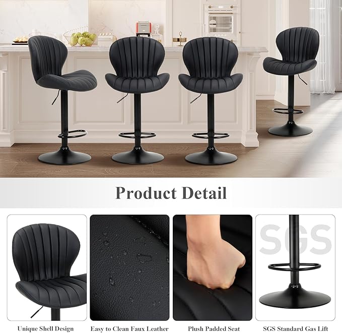 COLAMY Bar Stools Set of 6, Modern Swivel Bar Chairs, Adjustable Faux Leather Upholstered Barstools Counter Height with High Backrest for Bar, Kitchen Island, Dining Room, Black