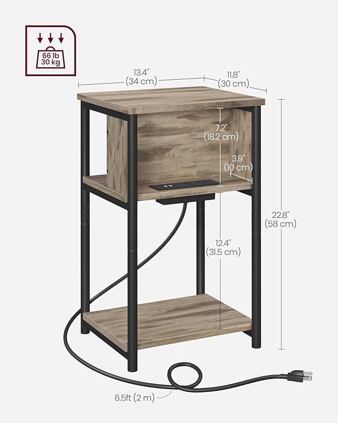 VASAGLE Side Table with Charging Station, 3-Tier End Table with USB Ports and Outlets, Nightstand for Living Room, Bedroom, 11.8 x 13.4 x 22.8 Inches, Plug-in Series, Camel Brown and Black
