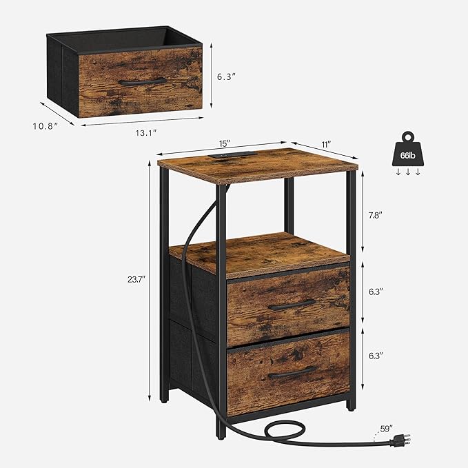 TUTOTAK End Table with Charging Station, Side Table with 2 USB Ports and Outlets, Nightstand with Cloth Drawer, Set of 2, Couch Table, Brown TB01BB052