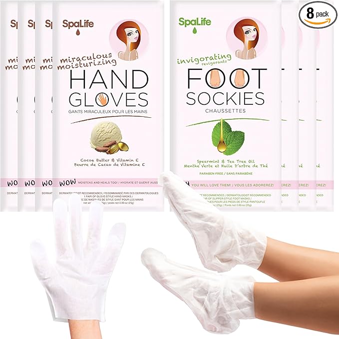 SpaLife Moisturizing Hand Gloves & Foot Mask Socks | Korean Skincare Set for Dry Cracked Hands & Dry Cracked Feet Callus Remover Alternative | Self Care Gifts for Women | 4 Hand, 4 Foot
