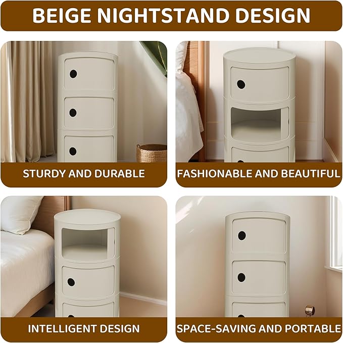 3 Tier Round with Storage, Modern Style Side Table, Multifunctional End Table Storage Cabinet for Living Room, Bedroom, Bathroom (Beige)