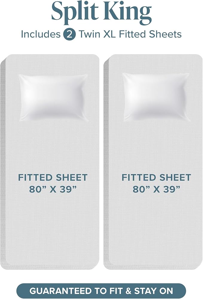 Bare Home Split King Sheet Set - 1800 Ultra-Soft Microfiber Double Brushed - Deep Pockets - 5 Piece Set - 2 Twin XL Fitted Sheets, 1 King Flat Sheet, and 2 King Pillowcases (Split King, Cloud Grey)