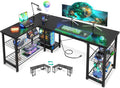 Casaottima 51 Inch L Shaped Gaming Desk with Shelves & Power Outlets, Reversible Computer Desk with Storage Shelves for Home Office, Black