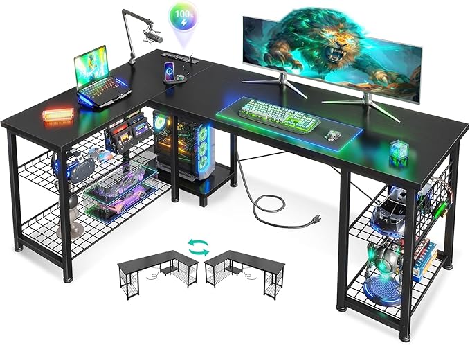 Casaottima 51 Inch L Shaped Gaming Desk with Shelves & Power Outlets, Reversible Computer Desk with Storage Shelves for Home Office, Black