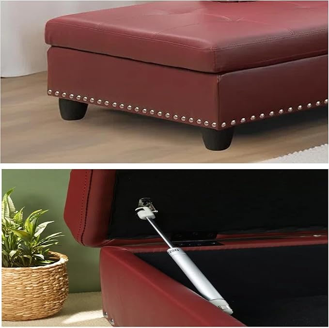 L-Shaped Sectional Sofa with Ottoman, Leather Modern Nail-Head Design with Cup Holder & Chaise for Living Room, Bedroom, Office, Red