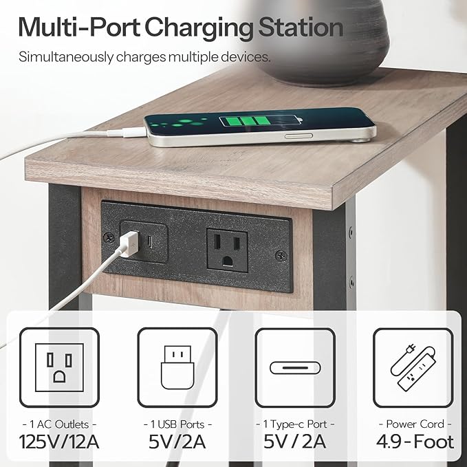 HOOBRO Small End Table with Charging Station, Narrow Side Table with USB Port and Outlets, Skinny Sofa Table, Slim Nightstand, Living Room, Bedroom, Greige and Black BG240UBZ01