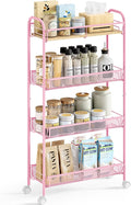 KINGRACK Metal Slim Rolling Cart,4-Tier Metal Utility Cart,Storage Cart with Wooden Tabletop, for Narrow Space on Laundry Bathroom Kitchen Room Bedroom Apartments Dormitory (Pure Pink, Slim)