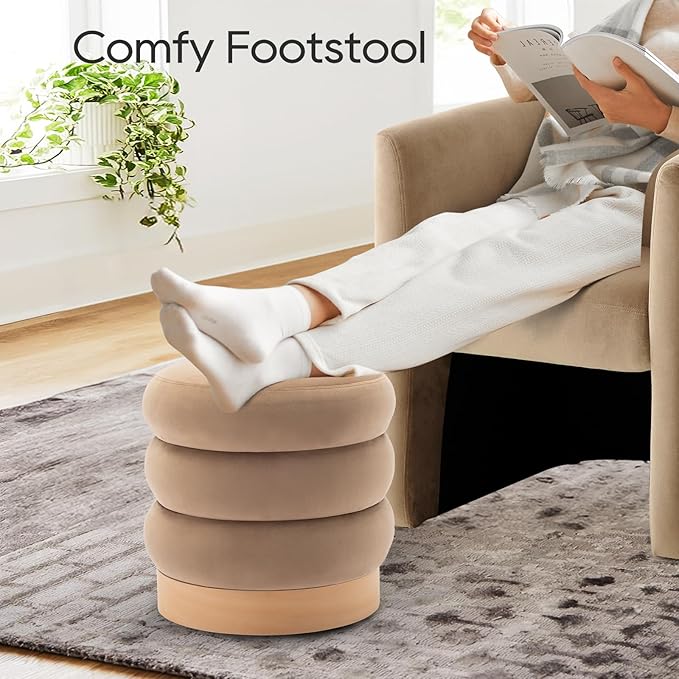 COLAMY Velvet Ottoman Footstool, Tufted Modern Foot Rest Stool with Wood Base for Living Room, Bedroom, Desk, Round Versatile Side End Table, Pouf, Makeup Seat,2pcs,Camel