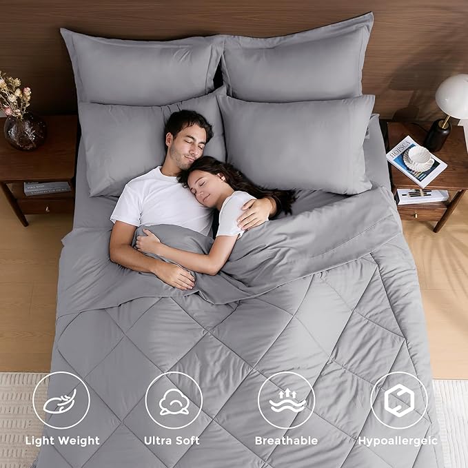 HEVUMYI Light Grey 120x98 Oversized King Comforter Set - 7-Piece All Season Bed in a Bag Oversized King, Ultra Soft Bedding Set with Comforter, Flat Sheet, Fitted Sheet, Pillowcases, Pillow Shams