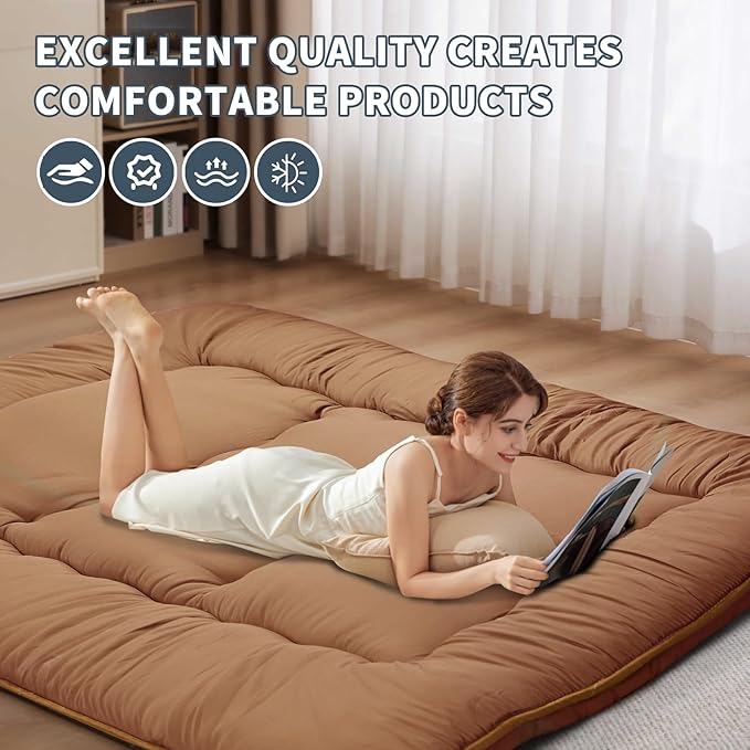Japanese Floor Mattress,4" Thicken Japanese Floor Sleeping Pad Foldable,Futon Mattress Suitable for Camping and Guest Room (Khaki, Full (80" X 47"))