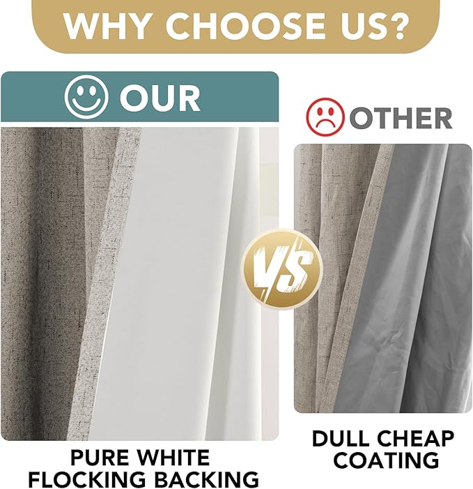 H.VERSAILTEX Primitive Linen Curtains 100% Blackout Curtain Drapes Burlap Fabric Curtains with White Thermal Insulated Liner, Grommet Top Drapes Living Room/Bedroom (2 Panels, 42 x 45 Inch, Stone)