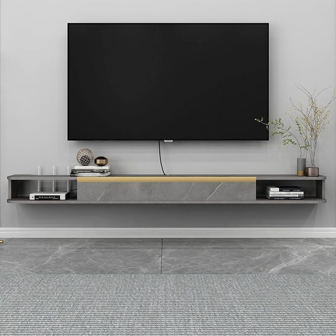 Floating TV Stand, 95'' Wall Mounted Entertainment Center TV Media Console, Floating Shelves with Door, Floating TV Cabinet Large Storage TV Bench for Living Room (Dark Grey, 94.49IN)