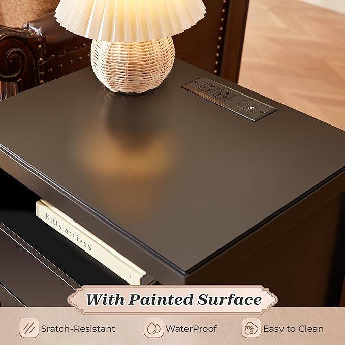 Huuger Nightstand with Charging Station, Black Nightstand with 2 Drawers, Bed Side Table for Bedroom, Bedside Table with Storage, Modern Nightstands, Metal Knobs, Painted Surface