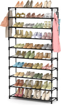 10 Tiers Shoe Rack 50 Pairs Large Capacity Tall Shoe Organizer Sturdy Shoe Storage with Two Hooks Space Saving Metal Wide Shoe Rack for Closet, Entryway, Bedroom, Black
