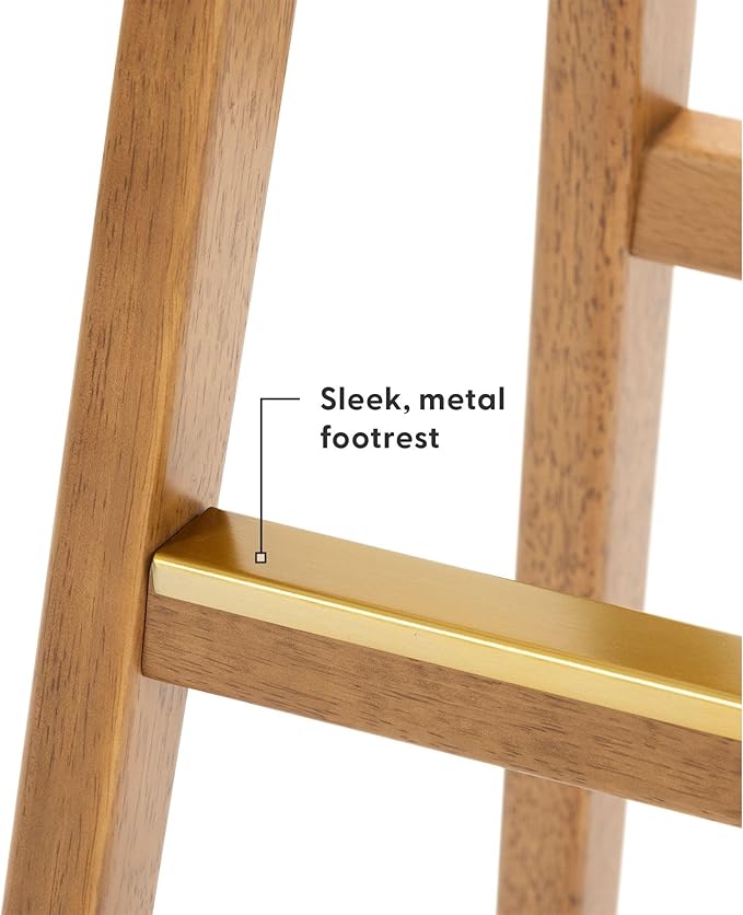 Plank+Beam Beryl Bar Height Stool - Mid-Century Modern Rubberwood Bar Stool with Faux Leather Seat, Metal Footrest, Easy Assembly, Pecan/Toffee