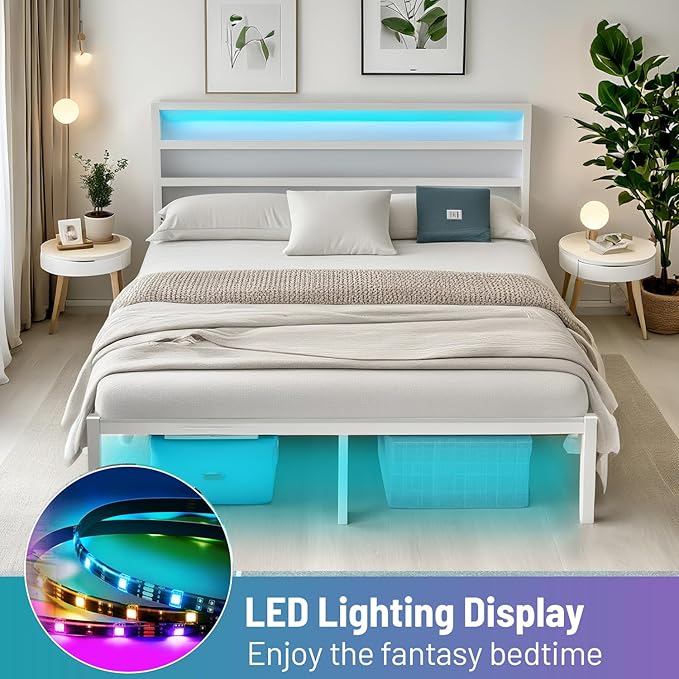 Queen Bed Frame with Headboard,Heavy Duty Steel Slats Support-LED Bed Frame with USB Charging Station,Mattress Foundation-Under Bed Storage,No Box Spring Needed,Noise Free,White